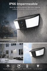 Cámara Solar Exterior 2K con Luz LED, Batería 5200 mAh y Detección PIR
