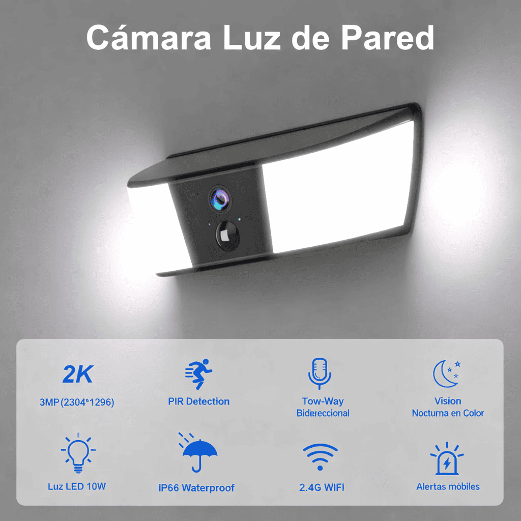 Cámara Solar Exterior 2K con Luz LED, Batería 5200 mAh y Detección PIR
