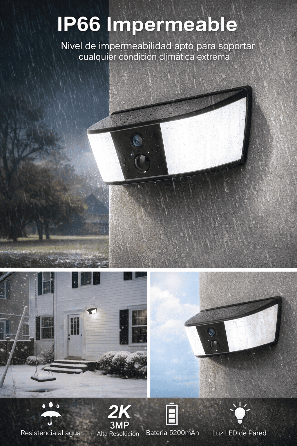 Cámara Solar Exterior 2K con Luz LED, Batería 5200 mAh y Detección PIR